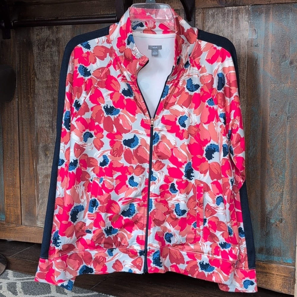 Aerie Floral Print Full Zip Track Jacket Navy Side Panel - Women's Large - Picture 1 of 6